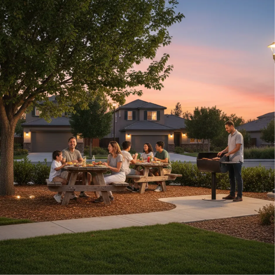 Picnic tables and grills in a shaded community area